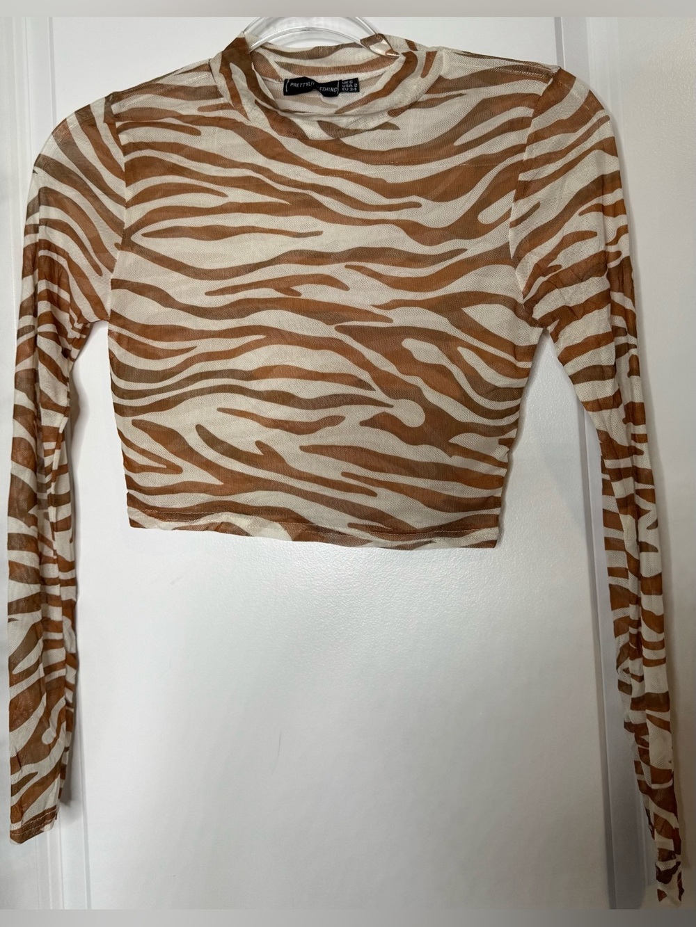 PrettyLittleThing Brown & Cream Zebra-Print Long Sleeve sheer Crop Top 2 stretch